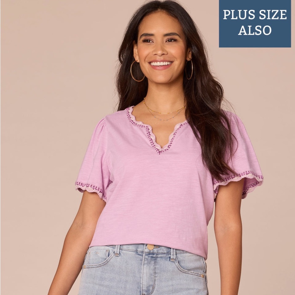 Democracy Plum V-Neck Top with Crochet Trim